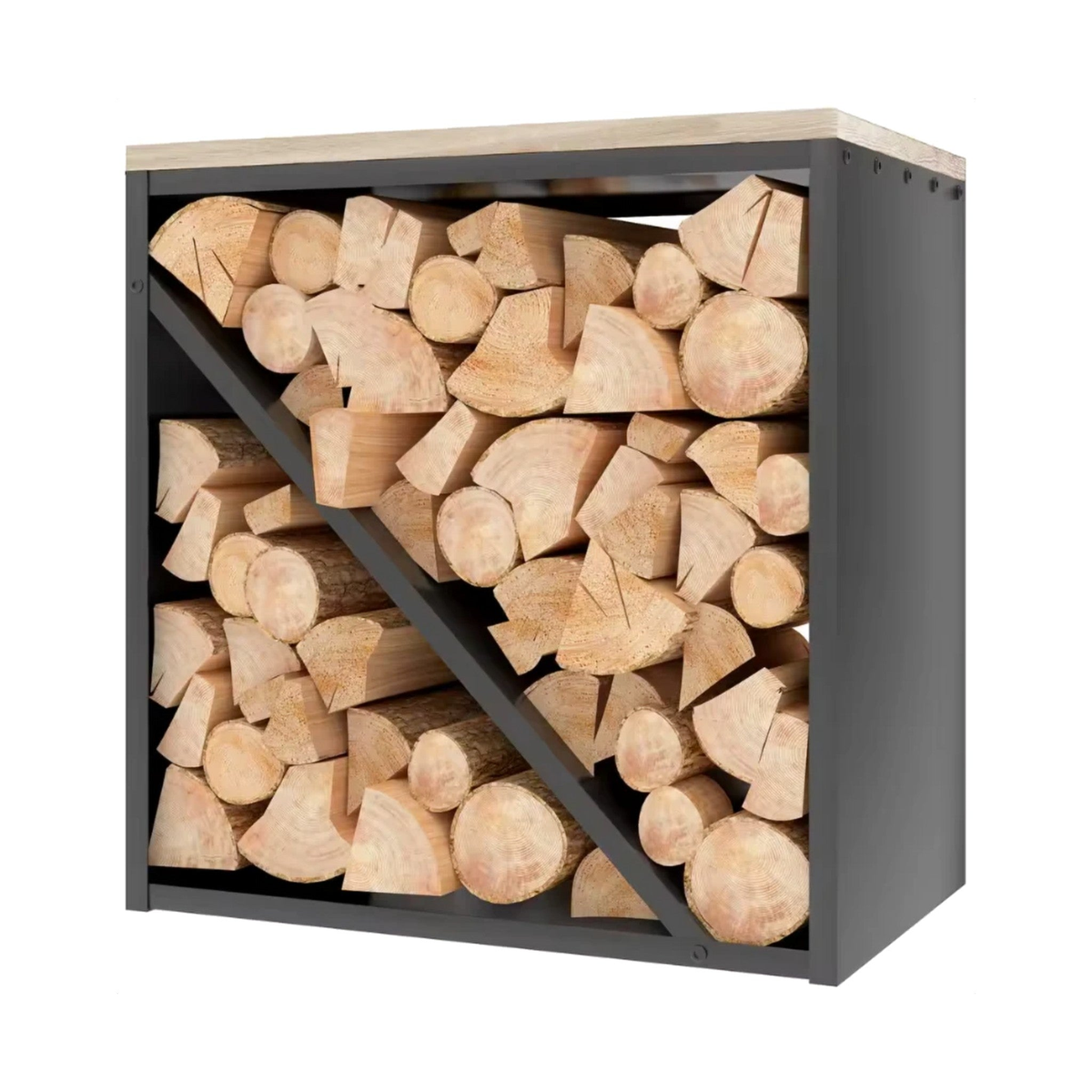 Range-bûches Écrins noir avec séparateur diagonal, sur fond blanc