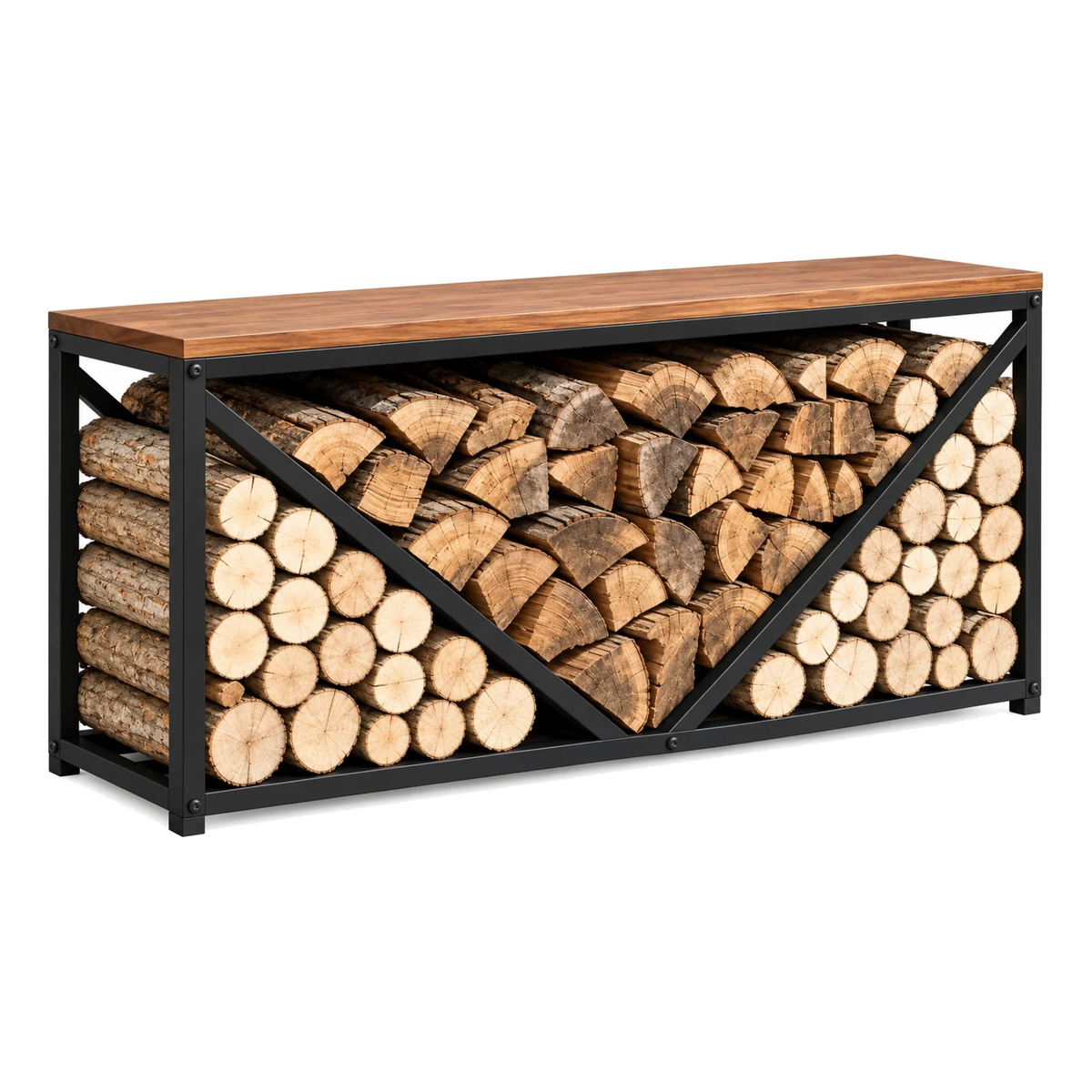 Console range-bûches Vercors, structure noire et plateau, sur fond blanc